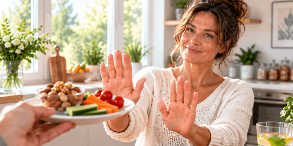 Women in her 40's putting her hands in front of her to decline a snack between meals